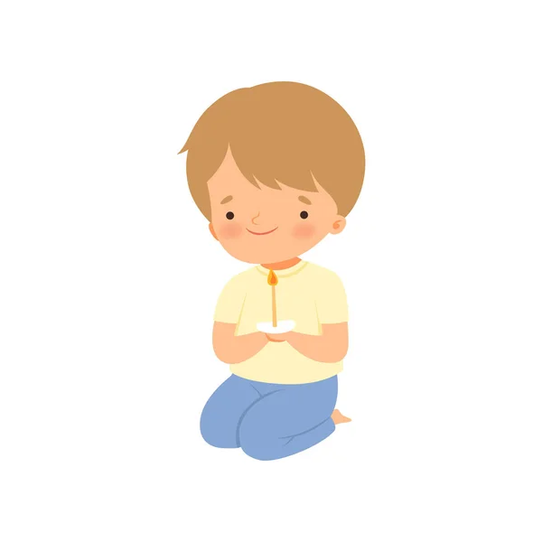 Cute Little Boy Kneeling and Praying Cartoon Vector Illustration — Stock Vector