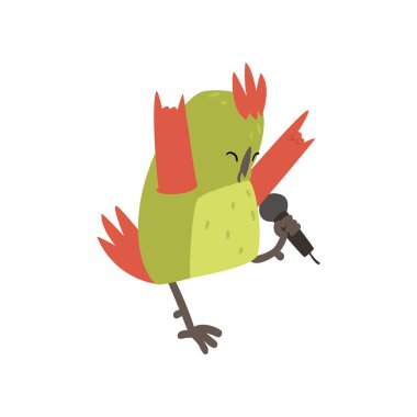 Mikrofon ile Sevimli Kuş Singing, Parlak Yeşil Tüyler Vektör İllüstrasyon ile Komik Birdie Karikatür Karakter