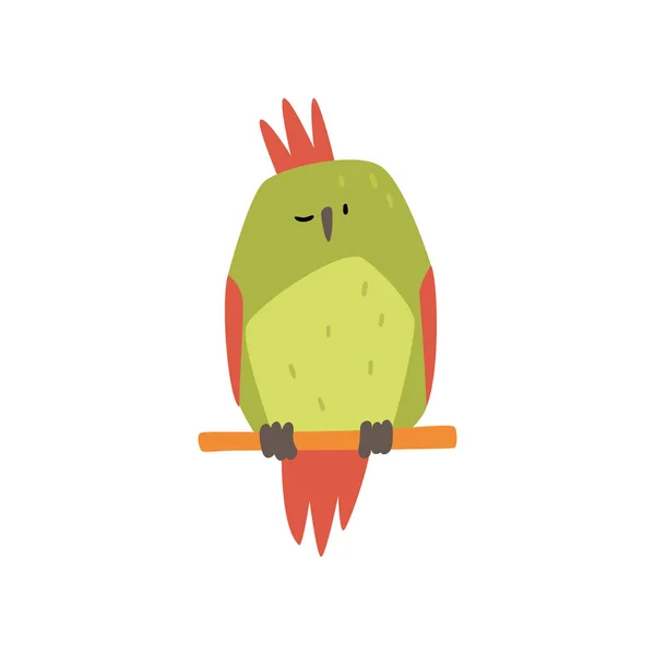Cute Bird siedzi na okoń, śmieszne Birdie Cartoon Character z Bright Green pióra Vector ilustracji — Wektor stockowy