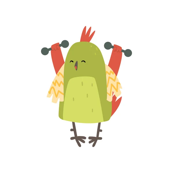 Söt fågel utövar med hantlar, rolig idrottsman Birdie tecknad karaktär med ljusa gröna fjädrar vektor illustration — Stock vektor
