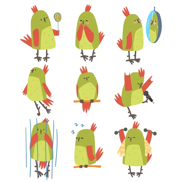 Personaje divertido de la historieta del pájaro en diversas situaciones fijadas, pájaro lindo con las plumas verdes brillantes Vector Ilustración — Vector de stock