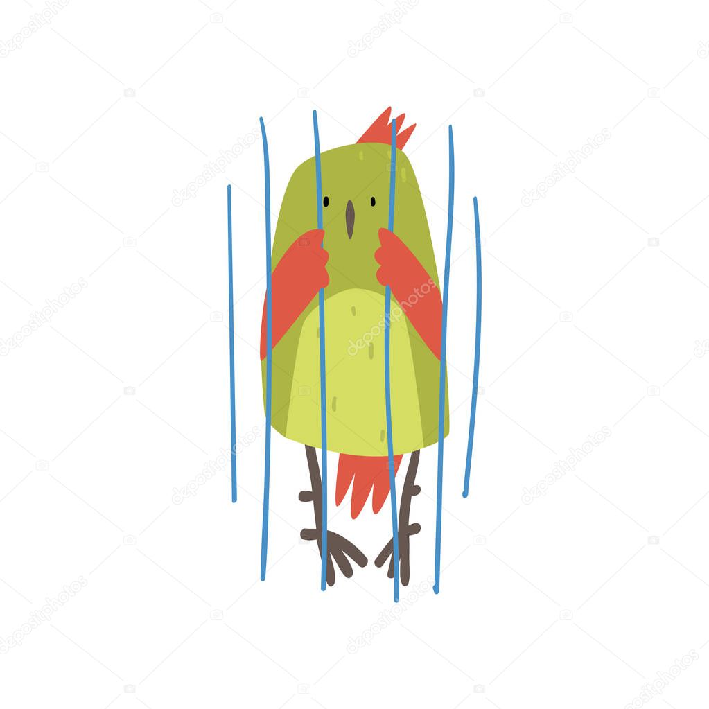 Cute Bird in Cage, Funny Birdie Cartoon Character with Bright Green Feathers in Captivity Vector Illustration