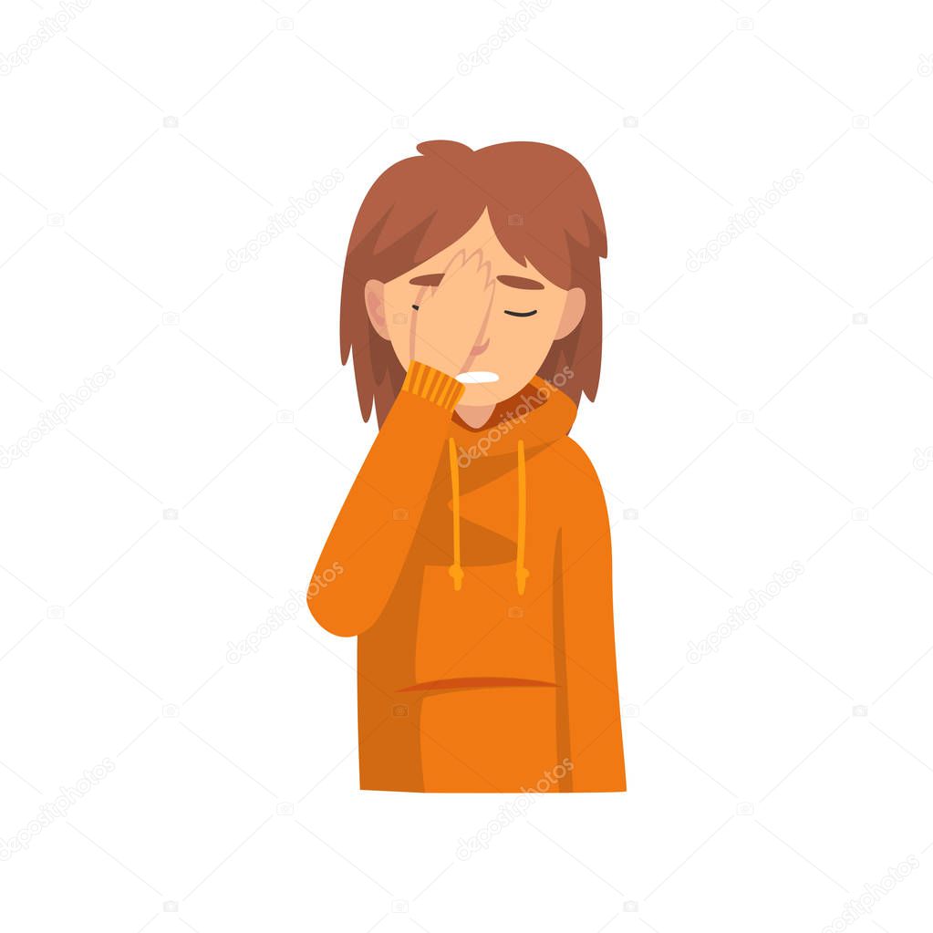 Young Woman Covering Her Face with Hand, Das Girl Making Facepalm Gesture, Shame, Headache, Disappointment, Negative Emotion Vector Illustration