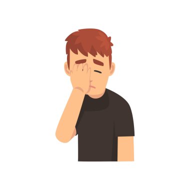Siyah T-shirt Genç Adam El ile Yüzünü Kaplayan, Guy Facepalm Jest yapma, Utanç, Baş Ağrısı, Hayal Kırıklığı, Negatif Duygu Vektör İllüstrasyon