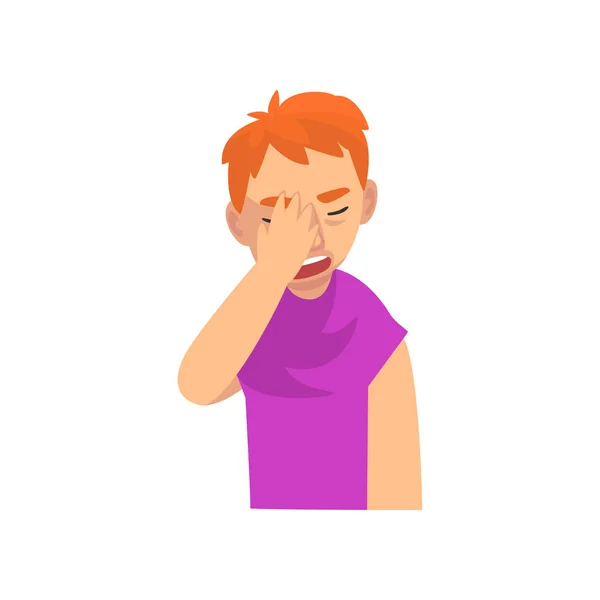 Joven infeliz cubriéndose la cara con la mano, chico haciendo gestos facepalm, vergüenza, dolor de cabeza, decepción, emoción negativa Vector Ilustración — Archivo Imágenes Vectoriales