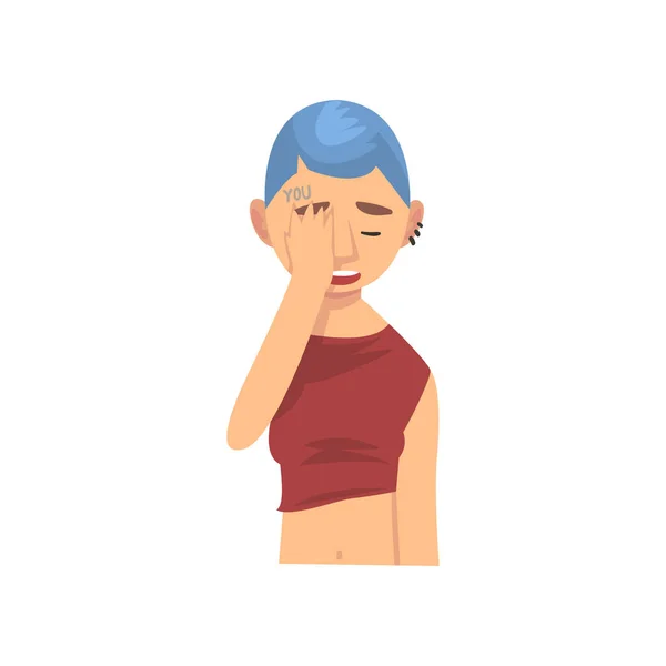 Wanita muda dengan potongan rambut pendek Menutupi wajahnya dengan tangan, Gadis Membuat gerakan Facepalm, Malu, Sakit kepala, Kekecewaan, Negatif Emotion Vector Illustration Grafik Vektor