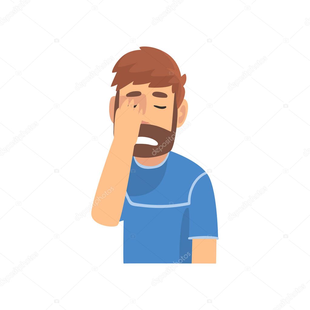 Disappointed Bearded Man Covering His Face with Hand, Guy Making Facepalm Gesture, Shame, Headache, Disappointment, Negative Emotion Vector Illustration