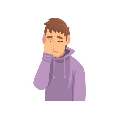 Kapüşonlu Giyen Genç Adam El ile Yüzünü Kaplayan, Adam Facepalm Jest yapma, Utanç, Baş Ağrısı, Hayal Kırıklığı, Negatif Duygu Vektör İllüstrasyon