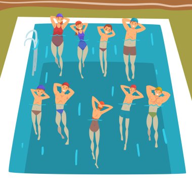 Yüzme Havuzunda Su Aerobik Egzersizleri Yapan Kişiler, Grup Fitness Sınıfı Vektör İllüstrasyon
