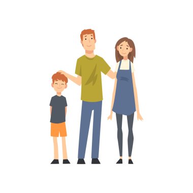 Gülümseyen Anne, Baba ve Oğul, Çocuk Karikatür Vektör İllüstrasyon ile Mutlu Aile