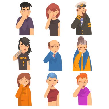 Eller Seti ile Yüzlerini Kaplayan Kişiler, Facepalm Jestleri Yapan Erkek ve Kadınlar, Utanç, Baş Ağrısı, Hayal Kırıklığı, Olumsuz Duygular Vektör İllüstrasyon