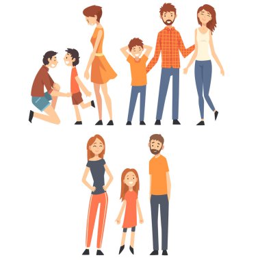 Çocuk Seti ile Happy Aile Seti, Gülümseyen Anneler, Babalar ve Çocukları Birlikte İyi Vakit Geçiriyorkarikatür Vektör İllüstrasyon