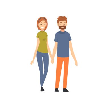 Loving Couple Ayakta ve El Ele Tutuşuyor, Mutlu Aile Vektör İllüstrasyon