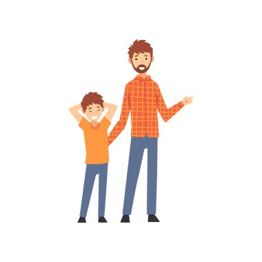Baba ve Oğlu Birlikte Ayakta, Mutlu Aile Kavramı Karikatür Vektör İllüstrasyon