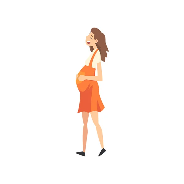 Happy Smiling Pregnant Woman in Red Dress Walking Vector Illustration — Stock Vector