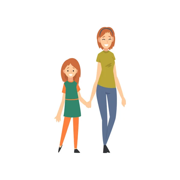 Usmívající se matka a dcera držení rukou, šťastná rodinná koncepce kreslená vektorová ilustrace — Stockový vektor