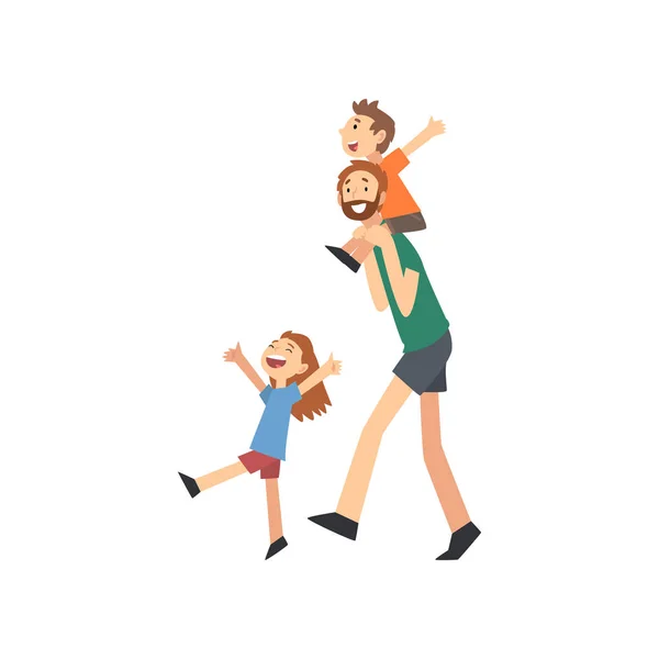 Baba ve Oğlu Birlikte İyi Vakit Geçirmek, Baba Omuzlarında Oğlu Taşıma, Mutlu Aile Kavramı Karikatür Vektör İllüstrasyon — Stok Vektör