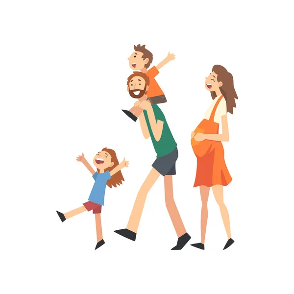 미소 임신 한 어머니, 아버지와 아이, 행복한 가족, 아이들과 함께 걷는 만화 벡터 일러스트 — 스톡 벡터