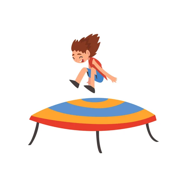 Carino felice ragazza che salta sul trampolino, sorridente bambino rimbalzare e divertirsi fumetto vettoriale illustrazione — Vettoriale Stock