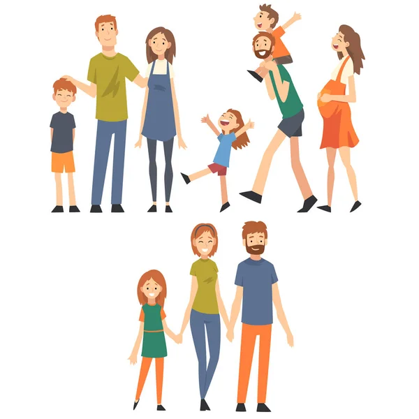 Familia feliz con niños Set, madres, padres y sus hijos pasar un buen rato juntos Dibujos animados Vector Ilustración — Vector de stock