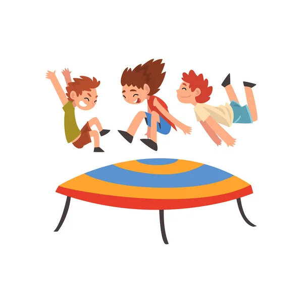 Cute Boys and Girl Jumping on Trampoline, Happy Kids Bouncing and Having Fun Cartoon Vector Illustration