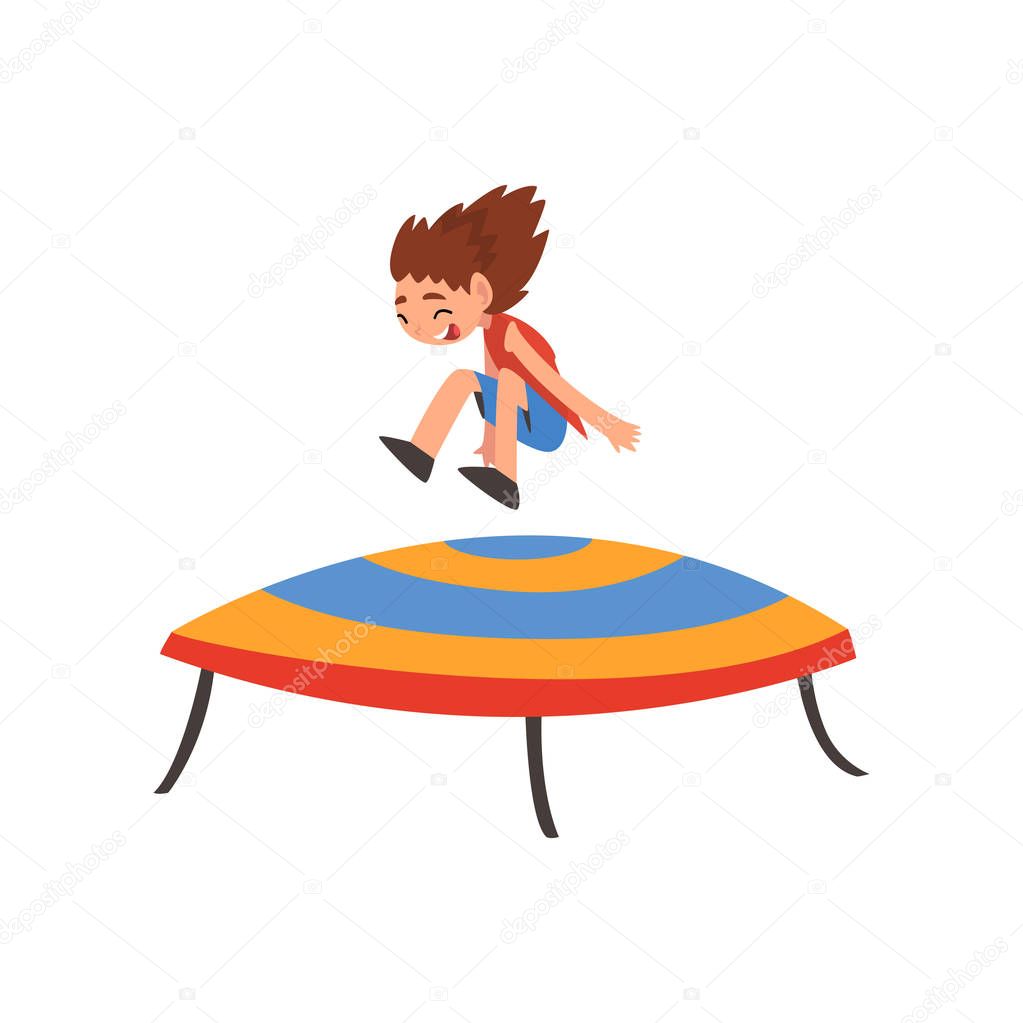 Cute Happy Girl Jumping on Trampoline, Smiling Little Kid Bouncing and Having Fun Cartoon Vector Illustration