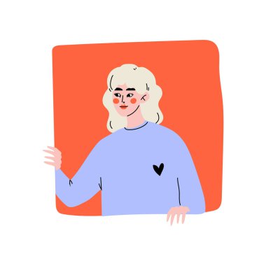 Genç Blonde Woman Kırmızı Kare Pencere Vektör İllüstrasyon Out Looking