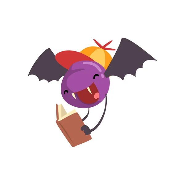 Cute Freaky Monster, Funny Bat Cartoon Character Reading Book Vector Illustration — Stock Vector