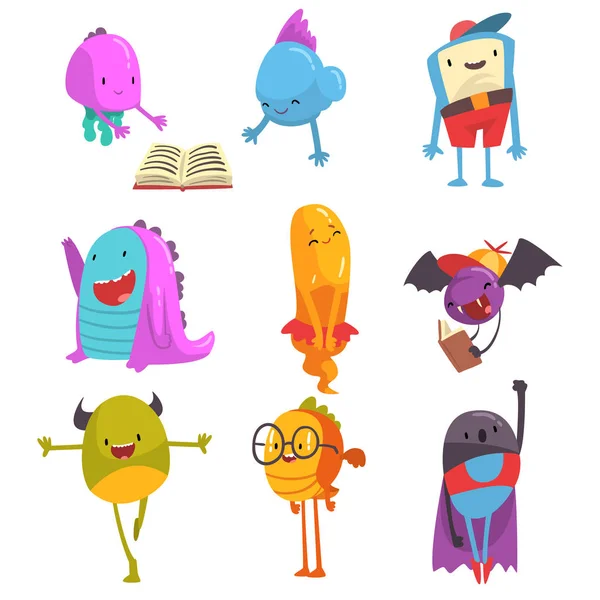 Schattig vriendelijke Freaky monsters set, grappige kleurrijke Aliens cartoon karakters vector illustratie — Stockvector