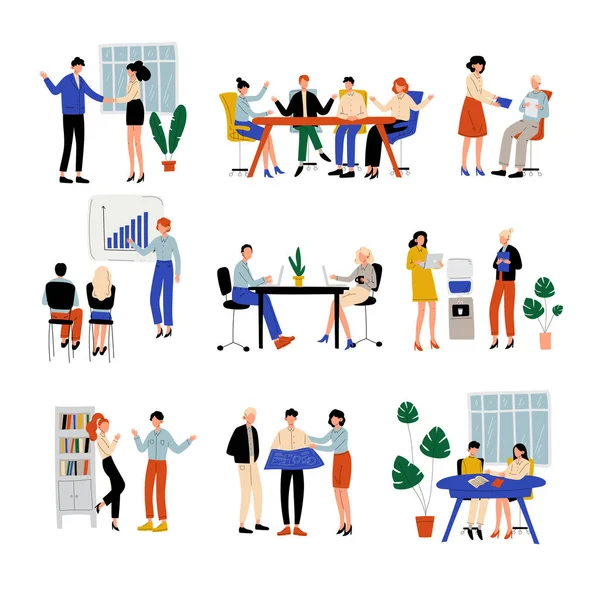 Business People Working in Office Set, Colleagues Working Together, Giving Presentation, Discussing, Communication Between Coworkers, Friendly Environment Vector Illustration