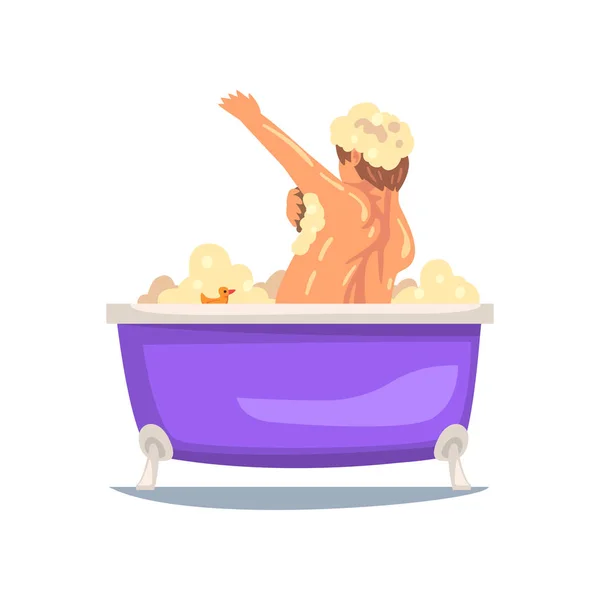 Zábavný muž jak se vykoupat a umývat s Umyvadlátkem, mužské postavy relaxace ve vaně plná pěnové vektorová ilustrace — Stockový vektor