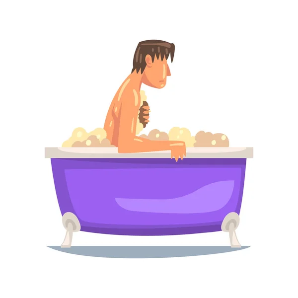 Férfi figyelembe Bath és mosás a mosogatórongy, férfi karakter pihentető kád teli hab Vector illusztráció — Stock Vector