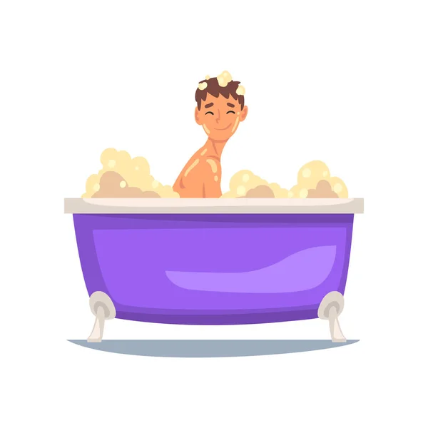 Happy Teen figyelembe Bath, férfi karakter pihentető kád teli hab Vector illusztráció — Stock Vector