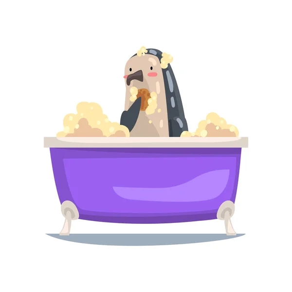 Divertido pingüino tomando baño y lavado con paño, divertido personaje de dibujos animados de animales relajante en la bañera llena de espuma Vector Ilustración — Vector de stock
