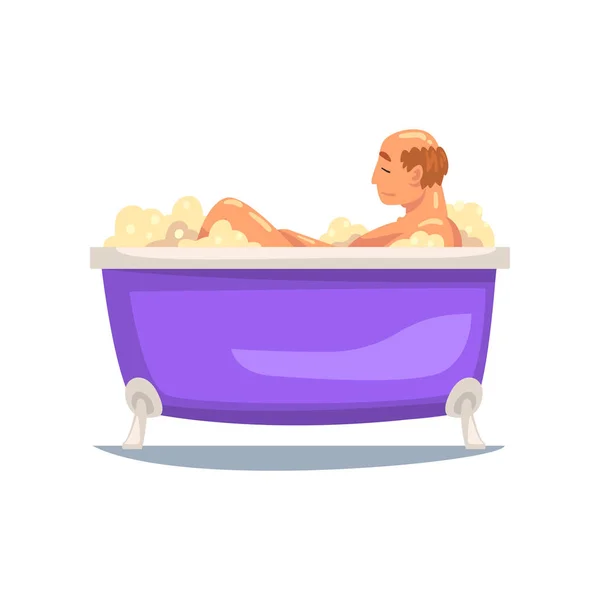 Érett kopasz ember figyelembe Bath, férfi karakter pihentető kád teli hab Vector illusztráció — Stock Vector