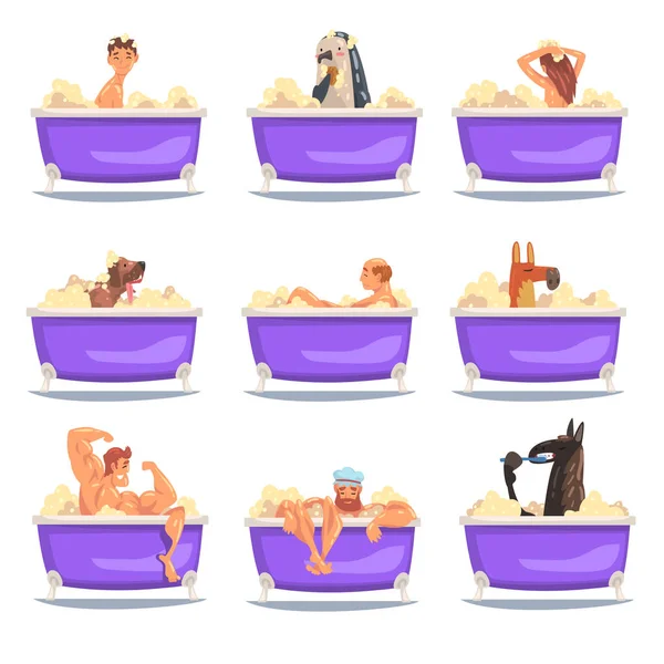 People and Animals Taking Bath, Funny Horse, Dog, Penguin, Men, Woman and Boy Washing and Relaxing in Bathtub Full of Foam Vector Illustration — Stock Vector