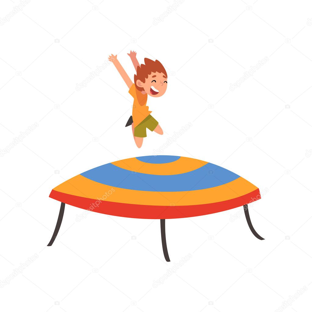 Cute Boy Jumping on Trampoline, Happy Little Kid Bouncing and Having Fun on Trampoline Cartoon Vector Illustration