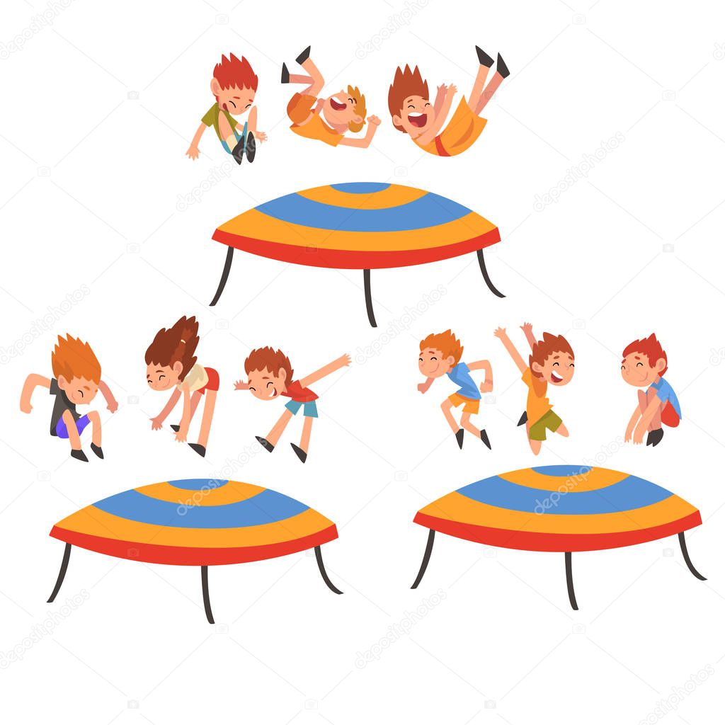 Happy Kids Jumping on Trampoline Set, Smiling Little Boys and Girls Trampolining and Having Fun on Trampoline Cartoon Vector Illustration