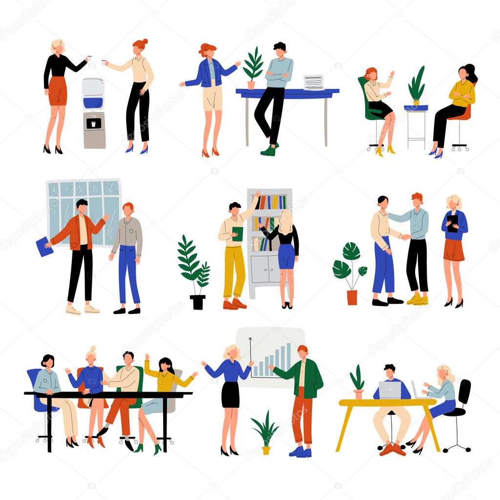 Business People Working in Office Set, Colleagues Working Together, Communication Between Coworkers, Friendly Environment, Corporate Culture Vector Illustration