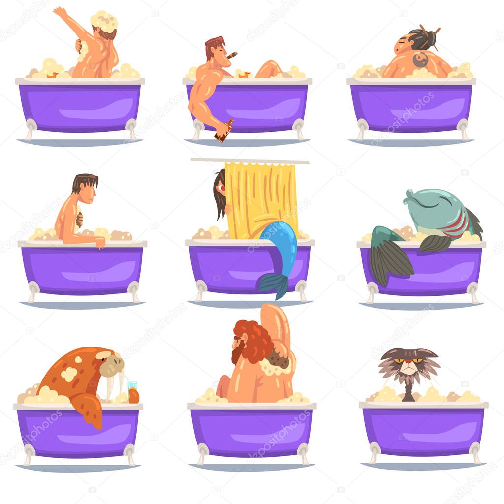 Various Funny Characters Taking Bath, Funny Fish, Dog, Penguin, Walrus, Cat, Mermaid Washing and Relaxing in Bathtub Full of Foam Vector Illustration