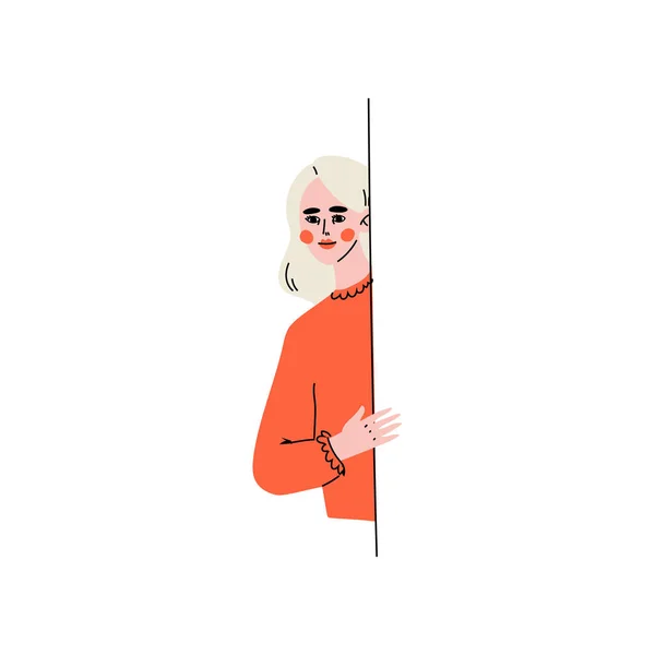 Young Blonde Woman Peeping from Behind the Wall Vector Illustration