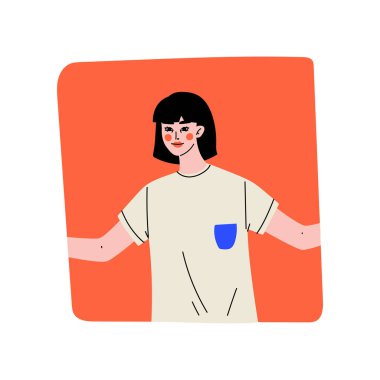 Esmer Kız Kırmızı Kare Pencere Vektör İllüstrasyon Out Looking