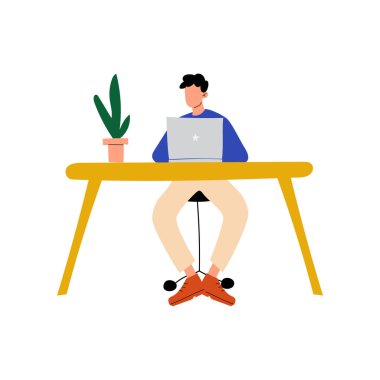 İşadamı veya Ofis Çalışanı Masada Oturan ve Laptop Bilgisayar Vektör İllüstrasyon Üzerinde Çalışma