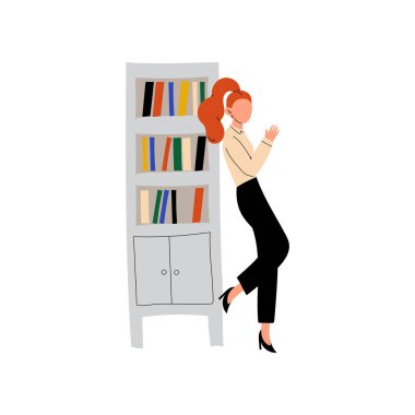 Bookcase Yanında Duran İş Kadını, Ofis Vektör İllüstrasyon Çalışan Genç Kadın