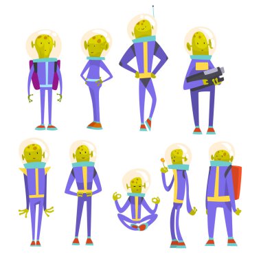 Dost Yeşil Alien Set, Mavi Uzay Suit ve Kask Vektör İllüstrasyon Komik Humanoid Karikatür Karakter