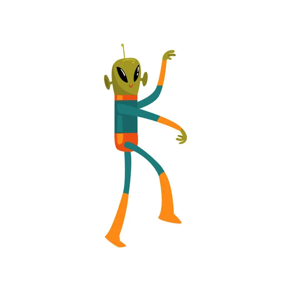 Alien verde divertido, personaje de dibujos animados humanoide con forma ovalada de ojos grandes y pequeña antena con traje espacial — Vector de stock