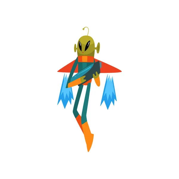 Alien verde divertido con Blaster volando con Jetpack, personaje de dibujos animados humanoide con forma ovalada de ojos grandes y pequeña antena con traje espacial ilustración vectorial — Vector de stock