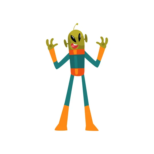 Alien verde aterrador, personaje de dibujos animados humanoide con forma ovalada de ojos grandes y pequeña antena con traje espacial Vector Ilustración — Vector de stock