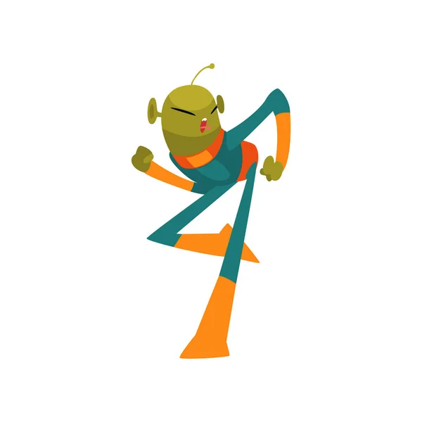 Funny Green Alien Dancing, Humanoid cartoon charakter z dużymi oczami owalny kształt i mała antena w przestrzeni kostium wektor ilustracja — Wektor stockowy