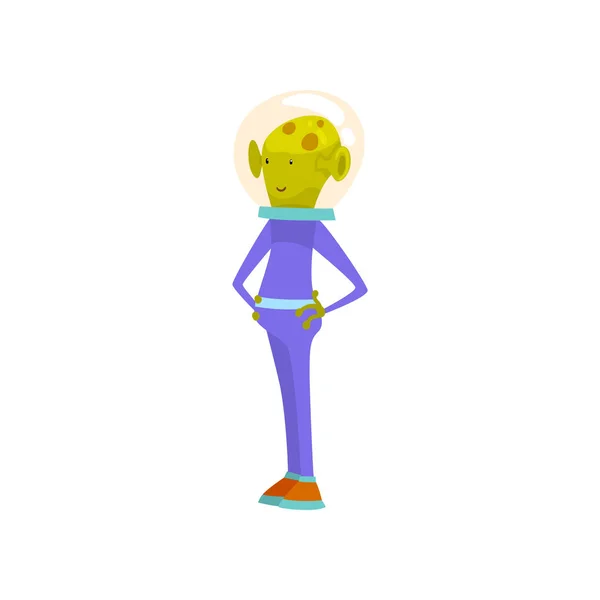 Alien verde amigável, personagem humanoide engraçado dos desenhos animados no terno azul do espaço e na ilustração do vetor do capacete — Vetor de Stock